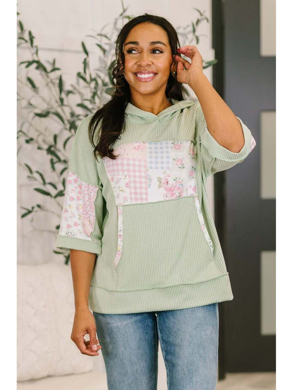 Get My Fixin' Cable Ribbed Knit Hooded Top